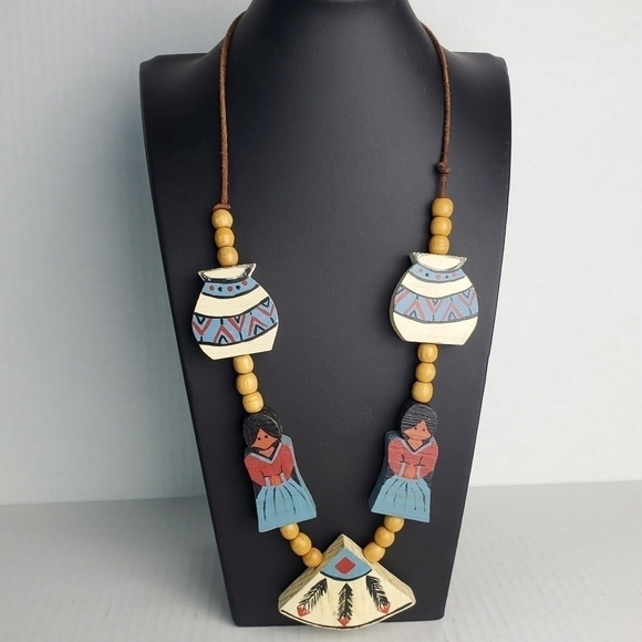 None Jewelry - Wood Southwestern Girl Vases Beaded Art to Wear Character Necklace 28"